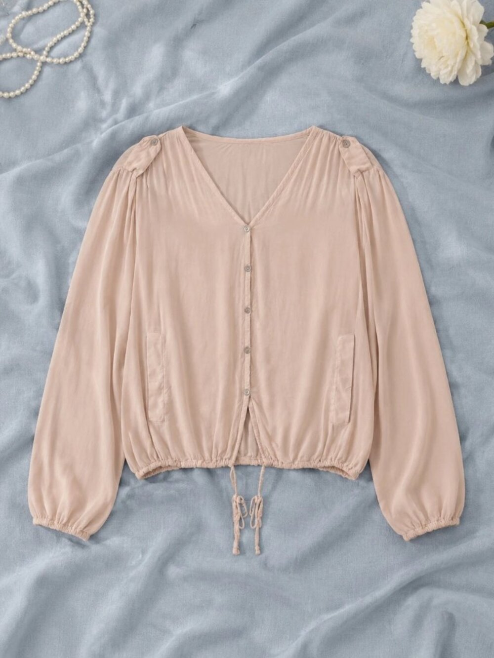Akualani Blush Pink Button Front Drawstring Blouse M